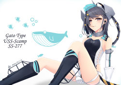 Rule 34 | 1girl, absurdres, aqua hat, black one-piece swimsuit, black ribbon, breasts, character name, competition swimsuit, garrison cap, gloves, grey eyes, grey hair, hair ornament, hair ribbon, hat, highleg, highleg swimsuit, highres, kantai collection, long hair, one-piece swimsuit, ribbon, scamp (kancolle), short shorts, shorts, side ponytail, sitting, small breasts, solo, star (symbol), star hair ornament, swimsuit, user eacp8527, white gloves, white shorts