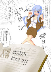 Rule 34 | 00s, 1girl, blue eyes, blue hair, blush, book, breast expansion, breasts, cleavage, large breasts, long hair, lyrical nanoha, mahou shoujo lyrical nanoha, mahou shoujo lyrical nanoha strikers, military, military uniform, mini person, minigirl, open mouth, pencil skirt, reinforce zwei, skirt, sweatdrop, tome of the night sky, translation request, uniform, yuuki shougo