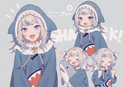 Rule 34 | 1girl, :d, a (phrase), blue eyes, blue hair, blue hoodie, clenched teeth, commentary, drawstring, gawr gura, gawr gura (1st costume), happy, hololive, hololive english, hood, hoodie, long sleeves, moo n moko, multicolored hair, multiple views, notice lines, open mouth, shark print, sharp teeth, smile, speech bubble, streaked hair, stuffed animal, stuffed shark, stuffed toy, teeth, teeth print, two side up, virtual youtuber, white hair