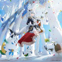 1girl ahoge animal_ear_fluff animal_ears aqua_eyes belt blue_jacket blue_skirt boots braid bun_with_braided_base cape closed_mouth confetti crossed_bangs crown day epaulettes extra_ears fox_ears fox_girl fox_tail from_below fubuzilla_(shirakami_fubuki) full_body fur-trimmed_cape fur_trim garter_straps gloves gold_crown gold_trim hair_between_eyes hair_bun half-skirt high_heel_boots high_heels highres holding holding_sword holding_weapon hololive jacket lal!role layered_skirt mini_crown miniskirt miteiru_(shirakami_fubuki) necktie nejima_kitsune_(shirakami_fubuki) official_alternate_costume official_alternate_hairstyle official_art oruyanke_(shirakami_fubuki) pentagram pleated_skirt red_cape saber_(weapon) shirakami_fubuki shirakami_fubuki_(fbkingdom) shirt short_hair side_braid side_cape sidelocks single_hair_bun skirt smile solo sukonbu_(shirakami_fubuki) sword tail thighhighs tile_floor tiles tilted_headwear v-shaped_eyebrows virtual_youtuber weapon white_footwear white_gloves white_necktie white_shirt white_skirt white_thighhighs