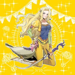 Rule 34 | 1girl, blonde hair, blue eyes, blue shirt, boots, bouquet, breasts, celes chere, closed mouth, collarbone, commentary request, cropped jacket, dated, final fantasy, final fantasy vi, flower, full body, gold trim, hair ornament, hand on own hip, highres, hip vent, holding, holding sword, holding weapon, jacket, juliet sleeves, knee boots, kneeling, long hair, long sleeves, looking at viewer, medium breasts, nnnmmg0725, pants, parted bangs, puffy short sleeves, puffy sleeves, shirt, short sleeves, smile, solo, sword, waist cape, weapon, white footwear, yellow jacket, yellow pants