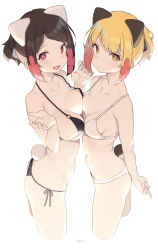 Rule 34 | 2girls, absurdres, animal ears, ass, asymmetrical docking, bare arms, bare shoulders, bikini, black bikini, black hair, blonde girl (cloba), blonde hair, blush, breast press, breasts, cleavage, cloba, collarbone, commentary request, cropped legs, halterneck, heart, heart in mouth, highres, looking at viewer, medium breasts, middle finger, multiple girls, navel, o-ring, o-ring bikini, o-ring top, open mouth, original, player 2 (cloba), pout, rabbit tail, red eyes, short hair, side-tie bikini bottom, signature, simple background, smile, standing, string bikini, swept bangs, swimsuit, symmetrical docking, tail, tongue, tongue out, white background, white bikini, yellow eyes