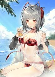 Rule 34 | 1girl, ahoge, alternate costume, antenna hair, arknights, beach, bikini, black choker, blouse, blue sky, blush, breasts, can, chinese commentary, choker, cleavage, closed mouth, cloud, cloudy sky, covered navel, day, demon horns, demon tail, drinking, feet out of frame, glint, highres, holding, holding can, horns, looking down, medium breasts, medium hair, multicolored hair, nail polish, navel, ocean, outdoors, palm tree, qin chi, raised eyebrow, red bikini, red eyes, red hair, red nails, see-through, see-through shirt, shirt, silver hair, single hair intake, sitting, sky, solo, spill, stomach, streaked hair, swimsuit, tail, thighs, tree, two-tone hair, w (arknights), white shirt