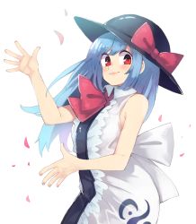 Rule 34 | 1girl, anarogumaaa, blue hair, bow, hat, hat bow, hinanawi tenshi, long hair, open hands, petals, red eyes, sleeveless, solo, touhou, white background