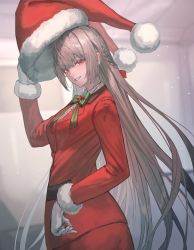 Rule 34 | 1girl, bow, dress, fate/grand order, fate (series), florence nightingale (fate), florence nightingale (santa) (fate), gloves, hat, highres, long hair, makitoshi0316, pink hair, red dress, red eyes, removing hat, santa hat, smile, solo, white gloves