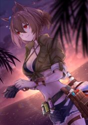 Rule 34 | 1girl, agnes tachyon (lunatic lab) (umamusume), agnes tachyon (umamusume), animal ears, bandolier, beach, bikini, black bikini, breasts, brown hair, cleavage, closed mouth, commentary request, criss-cross halter, denim, denim shorts, ear ornament, flask, gloves, green jacket, hair between eyes, halterneck, highres, horse ears, horse girl, jacket, kii-kun (agnes tachyon) (umamusume), medium breasts, navel, ocean, official alternate costume, open fly, outdoors, palm tree, red eyes, round-bottom flask, shirin (tsukimiyagura), short hair, short ponytail, short shorts, shorts, single glove, sleeves rolled up, smile, solo, sunset, swimsuit, test tube, tree, umamusume, water