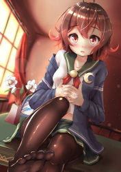 Rule 34 | 10s, 1girl, ahoge, blouse, blue jacket, blush, breasts, brown eyes, brown hair, brown pantyhose, ceiling, chair, crescent, crescent pin, curtains, daffodil, desk, dutch angle, feet, flower, green skirt, highres, indoors, jacket, kantai collection, light particles, long sleeves, looking at viewer, miniskirt, mutsuki (kancolle), mutsuki kai ni (kancolle), neckerchief, no shoes, nyahu (nyahu 77), off shoulder, office, on desk, open mouth, own hands clasped, own hands together, pantyhose, pleated skirt, sailor collar, school uniform, serafuku, shirt, short hair, sitting, skirt, small breasts, smile, solo, toes, vase, white shirt, window