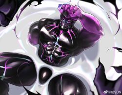 Rule 34 | 1boy, absurdres, bara, black bodysuit, bodysuit, bulge, fake horns, feet out of frame, fingernails, from above, helmet, highres, horned helmet, horns, large pectorals, latex, latex bodysuit, male focus, muscular, muscular male, original, outstretched arm, partially submerged, pectorals, purple bodysuit, sharp fingernails, skin tight, solo, spread legs, strongman waist, thick thighs, thighs, two-tone bodysuit, umbrakinesis, weisun (leoooliooon)