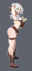 Rule 34 | 1girl, arm up, armpits, ass, belt, black eyes, book, boots, bra, breasts, brown belt, brown footwear, brown gloves, fire emblem, fire emblem awakening, from side, full body, gloves, grey background, highres, holding, holding book, looking at viewer, medium breasts, nintendo, open book, open mouth, panties, porqueloin, purple bra, purple panties, robin (female) (fire emblem), robin (fire emblem), simple background, solo, thigh belt, thigh strap, twintails, underwear, white hair