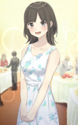 Rule 34 | 1girl, :d, bare arms, bare shoulders, blurry, blurry background, blush, breasts, brown hair, collarbone, depth of field, dress, grey eyes, highres, indoors, long hair, looking at viewer, misaki nonaka, nijisanji, open mouth, own hands together, parted bangs, pleated dress, sleeveless, sleeveless dress, small breasts, smile, solo, standing, suzuka utako, v arms, virtual youtuber, white dress