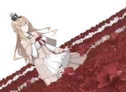 Rule 34 | 1girl, absurdres, bad id, bad pixiv id, blonde hair, blue eyes, braid, closed mouth, commentary request, corset, crown, dress, dutch angle, field, flower, flower field, french braid, garter straps, hair between eyes, highres, kantai collection, long hair, long sleeves, mikoto (oi plus), mini crown, off-shoulder dress, off shoulder, poppy (flower), red flower, red ribbon, red rose, remembrance day, ribbon, rose, solo, thighhighs, warspite (kancolle), white background, white dress, white thighhighs