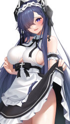 Rule 34 | 1girl, absurdres, apron, august von parseval (azur lane), august von parseval (the conquered unhulde) (azur lane), azur lane, black bow, black bowtie, black ribbon, black skirt, blue hair, blush, bow, bowtie, breasts, clothes lift, commentary request, crossed bangs, frilled apron, frills, hair over one eye, hair ribbon, highres, horns, large breasts, lifting own clothes, long hair, looking at viewer, mechanical horns, official alternate costume, open mouth, purple eyes, ribbon, seele0907, shirt, sideboob, simple background, skirt, skirt lift, sleeveless, sleeveless shirt, solo, standing, very long hair, waist apron, white apron, white shirt