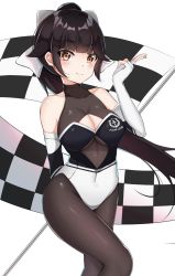 Rule 34 | 1girl, absurdres, azur lane, bad id, bad pixiv id, black hair, black pantyhose, bodystocking, bow, breasts, brown eyes, catnnn, checkered flag, cleavage, cleavage cutout, clothing cutout, cowboy shot, elbow gloves, flag, gloves, hair bow, hair flaps, highleg, highleg leotard, highres, large breasts, leotard, long hair, looking at viewer, official alternate costume, pantyhose, ponytail, race queen, ribbon, simple background, smile, solo, takao (azur lane), takao (full throttle charmer) (azur lane), two-tone leotard, white background, white bow, white ribbon