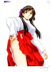 Rule 34 | 1girl, absurdres, adjusting clothes, adjusting panties, ass, breasts, brown hair, clothes lift, copyright name, cowboy shot, dated, hair ribbon, hakama, hakama lift, hakama skirt, hand on own hip, highres, horibe hiderou, japanese clothes, large breasts, long hair, miko, original, panties, parted lips, red eyes, red hakama, ribbon, simple background, skirt, skirt lift, solo, twintails, underwear, upskirt, white background, yours (art book)