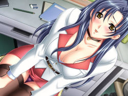 Rule 34 | 1girl, :p, adachi ayana, belt, blue hair, blush, breasts, choker, cleavage, desk, dutch angle, earrings, eraser, covered erect nipples, game cg, jewelry, large breasts, long hair, maho gaku, miniskirt, necklace, office, office lady, panties, pantyshot, pencil, purple panties, shindou mikeko, sitting, skirt, solo, thighhighs, tongue, tongue out, underwear, yellow eyes