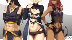 Rule 34 | 3girls, abs, belt, bikini, bikini under clothes, black bikini, black hair, blonde hair, bracelet, breasts, cleavage, commentary, crop top, crossed arms, dark-skinned female, dark skin, demmise, demon girl, demon tail, elbow gloves, english commentary, feguimel, female focus, gloves, gluteal fold, hand on own hip, head out of frame, highleg, highleg bikini, inger, jewelry, large breasts, linea alba, long hair, medium breasts, midriff, multiple girls, muscular, muscular female, navel, necklace, original, parted lips, pelvic curtain, photoshop (medium), pink lips, red hair, short hair, standing, stomach tattoo, string bikini, swimsuit, tail, tattoo, thea (feguimel), underboob, undersized clothes, very long hair, watermark