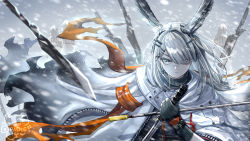 Rule 34 | 1girl, 3others, animal ears, arknights, armband, black gloves, black shirt, coat, commentary, dagger, dai die, fingerless gloves, frostnova (arknights), gloves, grey eyes, grey hair, hair ornament, hairclip, hand up, highres, holding, holding dagger, holding knife, holding weapon, knife, looking at viewer, multiple others, open clothes, open coat, outdoors, parted lips, rabbit ears, reunion logo (arknights), scar, scar on face, scar on nose, shirt, snowing, solo focus, straight-on, upper body, v-shaped eyebrows, weapon, white coat