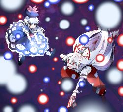 Rule 34 | 2girls, amulet, arm up, arms up, black footwear, blue dress, blue hair, boots, bow, brown footwear, closed mouth, collar, danmaku, dress, eyes visible through hair, fujiwara no mokou, gem, hair between eyes, hair bow, hands up, itomugi-kun, jewelry, kamishirasawa keine, long hair, looking at another, multicolored bow, multiple girls, open mouth, pants, puffy short sleeves, puffy sleeves, purple background, red bow, red eyes, red neckwear, red pants, shirt, shoes, short sleeves, smile, socks, touhou, very long hair, white bow, white hair, white legwear, white shirt, white sleeves