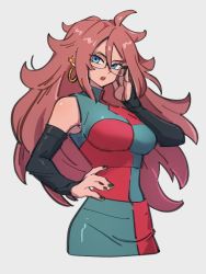 Rule 34 | 1girl, android 21, black nails, blue eyes, breasts, checkered clothes, checkered dress, dragon ball, dragon ball fighterz, dress, earrings, fingernails, glasses, grey background, hair between eyes, hand on own hip, hoop earrings, jewelry, kemachiku, looking at viewer, medium breasts, nail polish, red hair, simple background, solo