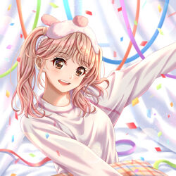 Rule 34 | 1girl, animification, blush, brown eyes, brown hair, chinese commentary, confetti, hair behind ear, highres, izone, k-pop, long sleeves, looking at viewer, mask, mask on head, mixed-language commentary, open mouth, pillow, pink sweater, real life, sleep mask, smile, solo, streamers, sweater, twintails, yabuki nako, yohane yoshiko
