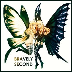 Rule 34 | 2girls, aerie (bravely default), anne (bravely second), antenna hair, artist request, bare shoulders, black gloves, black legwear, black leotard, blonde hair, bravely default: flying fairy, bravely default (series), bravely second: end layer, brown eyes, butterfly wings, copyright name, dress, elbow gloves, fairy, fairy wings, from side, gloves, holding hands, insect wings, legs up, leotard, long hair, looking at viewer, multiple girls, pointy ears, short dress, short hair, simple background, sketch, smile, source request, strapless, strapless dress, thighhighs, white background, white dress, wings
