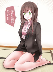 Rule 34 | 1girl, @ @, arms behind back, black jacket, black skirt, blazer, blouse, breasts, brown hair, commentary request, emphasis lines, feet, full body, green eyes, highres, jacket, legs, long hair, long sleeves, medium breasts, no shoes, office lady, ol-chan (oouso), oouso, open mouth, original, panties, panties under pantyhose, pantyhose, pencil skirt, pink shirt, see-through, see-through legwear, shirt, sitting, skirt, solo, speech bubble, tatami, tearing up, tears, thighs, translation request, underwear, white pantyhose, white shirt, yellow panties, yokozuwari