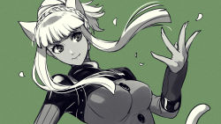 Rule 34 | 1girl, animal ears, asada hachi, blunt bangs, bodysuit, braid, breasts, cat ears, cat tail, character request, closed mouth, commentary, copyright request, crown braid, dutch angle, falling petals, green background, highres, large breasts, long hair, long sleeves, looking to the side, monochrome, petals, simple background, smile, solo, tail, twitter username, watermark