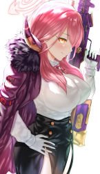 Rule 34 | 1girl, aru (blue archive), black skirt, blue archive, blush, closed mouth, coat, collared shirt, from side, fur trim, gloves, gun, halo, hand on own hip, highres, holding, holding gun, holding weapon, horns, long hair, long sleeves, orange eyes, pink hair, purple coat, shirt, simple background, skirt, smile, solo, uenoryoma, weapon, white background, white gloves, white shirt