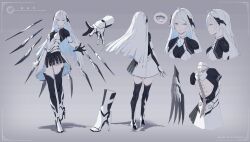 Rule 34 | 1girl, absurdres, android, artist name, breasts, character name, character sheet, commentary, dress, eavlol (vtuber), english commentary, erospanda, expressionless, grey background, grey eyes, hair between eyes, halter dress, halterneck, highres, indie virtual youtuber, looking at viewer, mechanical arms, mechanical legs, mechanical spine, multiple views, official art, open hand, shadow, small breasts, smile, virtual youtuber, white dress