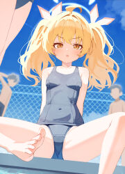 Rule 34 | 2boys, 2girls, absurdres, ahoge, barefoot, blonde hair, blue archive, blue halo, blue one-piece swimsuit, blue sky, breasts, cloud, commentary, day, fence, halo, highres, looking at viewer, medium hair, multiple boys, multiple girls, one-piece swimsuit, outdoors, pool, school swimsuit, sky, small breasts, soles, solo focus, swimsuit, toes, twintails, w.k, yellow eyes, yoshimi (blue archive)