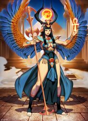 Rule 34 | 1girl, above cleavage cutout, bare legs, bird wings, black hair, black horns, blue feathers, card game, character request, cleavage cutout, clothing cutout, copyright request, egypt, egyptian, eye symbol, feathers, genzoman, highres, holding, holding staff, horns, indoors, jewelry, long bangs, looking to the side, magic, orange feathers, pyramid (structure), shadow, smoke, solo, spread wings, staff, thick thighs, thighs, tile floor, tiles, toeless legwear, toenails, wings