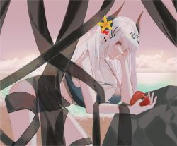 Rule 34 | 1girl, apple, arknights, bare shoulders, bent over, bikini, black bikini, black nails, breasts, cleavage, closed mouth, collarbone, day, do2, ear piercing, eyebrows hidden by hair, flower, food, from side, fruit, hair flower, hair ornament, holding, holding food, holding fruit, horns, large breasts, long hair, looking at viewer, looking to the side, md5 mismatch, mudrock (arknights), mudrock (silent night) (arknights), nail polish, ocean, official alternate costume, outdoors, piercing, pink sky, pointy ears, red eyes, resolution mismatch, rock, silver hair, sky, solo, source larger, standing, swimsuit, very long hair, yellow flower