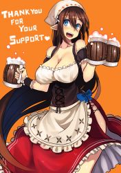 Rule 34 | 1girl, :d, alcohol, apron, bare shoulders, beer, beer mug, blue bow, blue eyes, blush, bow, breasts, brown hair, cleavage, collarbone, contrapposto, corset, cup, detached sleeves, dress, english text, frilled dress, frilled shirt, frilled skirt, frills, hair between eyes, head scarf, highres, hip focus, holding, holding cup, large breasts, long hair, looking at viewer, mug, onigensou, open mouth, orange background, original, pointy ears, red skirt, shirt, short sleeves, side slit, skirt, smile, solo, thank you, thighs, underbust, very long hair, waist apron, white shirt, wristband