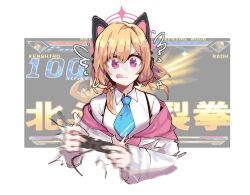 Rule 34 | :q, animal ear headphones, animal ears, blonde hair, blue archive, bow, cat ear headphones, character request, controller, copyright request, eri (erikiri), fake animal ears, game controller, hair bow, halo, headphones, highres, holding, holding controller, holding game controller, jacket, low-tied sidelocks, momoi (blue archive), motion lines, necktie, pink halo, playing games, shirt, short hair, tongue, tongue out