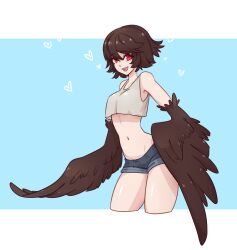 Rule 34 | 1girl, artist request, bare shoulders, blue background, breasts, brown feathers, brown hair, brown wings, commentary, commission, crop top, crop top overhang, denim, denim shorts, english commentary, feathered wings, feathers, harpy, highres, looking at viewer, midriff, monster girl, navel, open mouth, original, red eyes, second-party source, short hair, shorts, simple background, small breasts, solo, tank top, upper body, white background, white tank top, winged arms, wings
