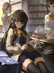 Rule 34 | 3girls, ahoge, bag, black dress, black eyes, black hair, black legwear, black shirt, black skirt, blurry, blush, book, book stack, bookmark, bookshelf, bow, bowtie, breasts, brown-framed eyewear, brown eyes, brown hair, brown jacket, chair, cloud, collared shirt, commentary request, depth of field, dress, dress shirt, duffel bag, grey jacket, hair bow, hair ribbon, half-closed eyes, head tilt, holding, holding book, indoors, jacket, leaning back, library, long hair, long sleeves, medium breasts, multiple girls, name tag, on chair, open book, open clothes, open jacket, orange bow, original, parted lips, pleated skirt, ponytail, reading, ribbon, school bag, school uniform, scottie (phantom2), semi-rimless eyewear, shirt, sidelocks, sign, sitting, skirt, small breasts, sweat, sweater vest, thighhighs, translated, under-rim eyewear, very long hair, white shirt, window, wing collar, yellow bow, yellow neckwear, yellow ribbon, zettai ryouiki