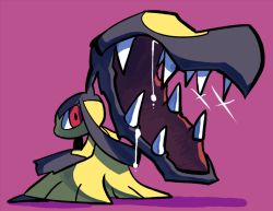 Rule 34 | creatures (company), from behind, game freak, gen 3 pokemon, glint, looking at viewer, looking back, mawile, nintendo, no humans, open mouth, pink background, pokemon, pokemon (creature), rariatto (ganguri), saliva, simple background, solo, standing