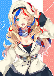 Rule 34 | 10s, 1girl, belt, beret, blonde hair, blue eyes, blue hair, buttons, commandant teste (kancolle), double-breasted, france, french flag, hair ornament, hat, highres, horonosuke, kantai collection, long hair, looking at viewer, multicolored hair, one eye closed, open mouth, pom pom (clothes), red hair, scarf, solo, streaked hair, swept bangs, wavy hair, white hair