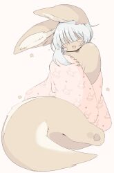 Rule 34 | 1other, animal ears, animal feet, blanket, blue hair, brown fur, closed eyes, furry, highres, large ears, light blue hair, made in abyss, nanachi (made in abyss), open mouth, solo, tail, tatososu, white background