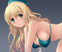 Rule 34 | 10s, 1girl, adapted costume, atago (kancolle), bent over, beret, bikini, blonde hair, blue bikini, blush, bow, bow bikini, breasts, gradient background, green eyes, hanging breasts, hat, kantai collection, large breasts, long hair, looking at viewer, outstretched arms, parted lips, shian (my lonly life.), simple background, smile, solo, swimsuit