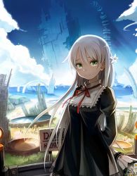 Rule 34 | 1girl, arms behind back, bail, blonde hair, bouquet, cloud, day, dress, flower, green eyes, grey hair, hair flower, hair ornament, long hair, looking at viewer, original, rubble, ruins, sad smile, science fiction, sky, smile, solo, water, white hair