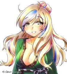Rule 34 | 1girl, alternate costume, alternate hairstyle, blonde hair, blue eyes, blue hair, blush, breasts, cleavage, commandant teste (kancolle), hair up, half-closed eyes, japanese clothes, kantai collection, kimono, large breasts, long hair, looking at viewer, multicolored hair, no bra, oekaki lemon, one-hour drawing challenge, parted lips, red hair, sash, sidelocks, simple background, smile, solo, streaked hair, twitter username, white background, white hair, yukata