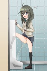 Rule 34 | 1girl, censored, cleft of venus, clothes lift, green hair, highres, leg up, lifting own clothes, panties around leg, peeing, princess connect!, public bathroom, pussy, school uniform, skirt, skirt lift, solo, standing, steam, toilet use, udonko (tinanago7715), urinal, urinal use, yuni (princess connect!), yuni (real) (princess connect!)