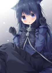 Rule 34 | 1girl, :o, animal ear fluff, animal ears, bad id, bad pixiv id, black gloves, black jacket, black skirt, blue eyes, blue hair, blue shirt, blush, commentary request, commission, fang, gloves, gradient background, grey background, hair between eyes, hands up, highres, jacket, long hair, long sleeves, looking at viewer, original, parted lips, satsuki yukimi, shirt, sitting, skeb commission, skirt, solo, very long hair, white background