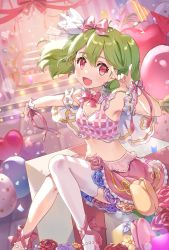 Rule 34 | 1girl, absurdres, balloon, bow, cake, camisole, candle, crop top, fire, flower, food, green hair, hair bow, heart balloon, highres, looking at viewer, m/, macross, macross frontier, midriff, mintpompom, navel, pink bow, pink camisole, pink eyes, pink flower, pink ribbon, pink skirt, pink tulip, ranka lee, red flower, red rose, resolution mismatch, ribbon, rose, short hair, sitting, skirt, solo, source smaller, tulip, wrist cuffs, yellow flower, yellow tulip