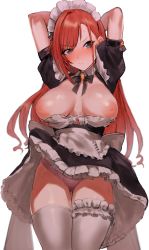 Rule 34 | 1girl, absurdres, alternate costume, apron, arisugawa natsuha, arms behind head, arms up, bad id, bad pixiv id, black dress, black eyes, blush, breasts, breasts out, bridal garter, closed mouth, clothes lift, commentary request, dress, enmaided, frills, frown, highres, idolmaster, idolmaster shiny colors, large breasts, long hair, maid, maid apron, maid headdress, nipples, no bra, panties, pink panties, puffy short sleeves, puffy sleeves, red hair, short sleeves, simple background, skirt, skirt lift, solo, standing, suisogenshi, sweat, thighhighs, underwear, v-shaped eyebrows, waist apron, white background, white thighhighs