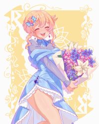 Rule 34 | 1boy, absurdres, alternate costume, alternate hairstyle, blonde hair, blue bow, blue dress, blush, bouquet, bow, bridget (guilty gear), closed eyes, dangle earrings, dress, earrings, flower, guilty gear, guilty gear strive, hair bow, highres, holding, holding bouquet, jewelry, open mouth, shiny skin, short hair, sidelocks, smile, solo, supacreamss, teeth, trap, upper teeth only