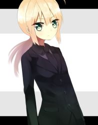 Rule 34 | 1girl, ahoge, artoria pendragon (all), artoria pendragon (fate), blonde hair, fate/zero, fate (series), formal, green eyes, highres, letterboxed, long hair, mori burin, pant suit, pants, ponytail, saber (fate), solo, suit