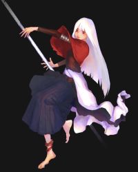 Rule 34 | 1girl, bandages, bandaged arm, bandages, barefoot, black background, holding, holding weapon, long hair, original, red eyes, simple background, solo, torn clothes, weapon, white hair, zero808w