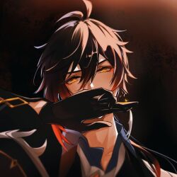 Rule 34 | 1boy, chenzcy, dark background, genshin impact, hand covering mouth, highres, looking at viewer, male focus, portrait, solo, zhongli (genshin impact)